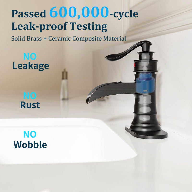 BATHLAVISH Oil Rubbed Bronze Waterfall Bathroom Faucet, Single Handle Bathroom Sink Faucet 1 Hole or 3 Hole, Vanity Sink Faucet for Vintage Antique Lavatory Washroom with Pop Up Drain, Deck, 2 Hoses - Image 3